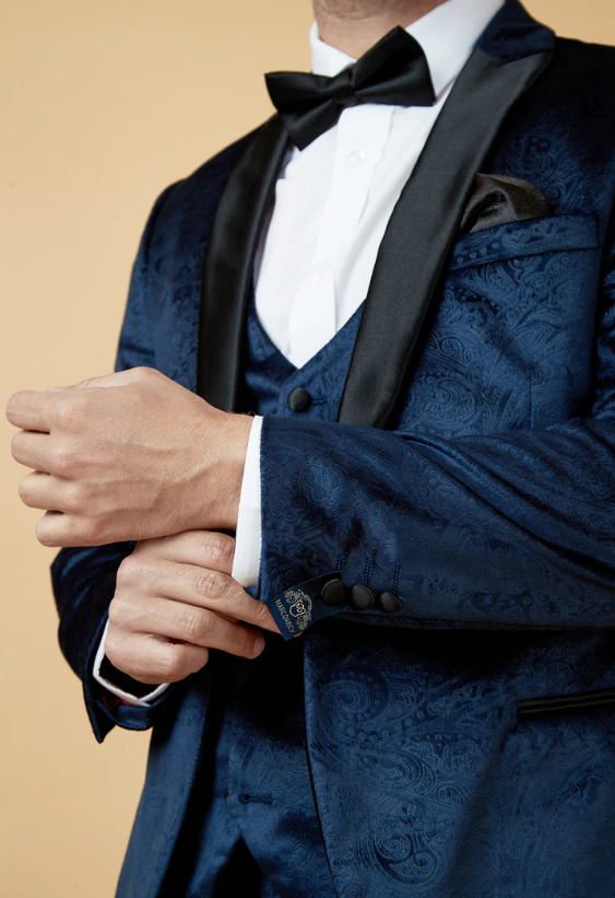 SIMON - Black Velvet Jacquard Three Piece Suit – Marc Darcy