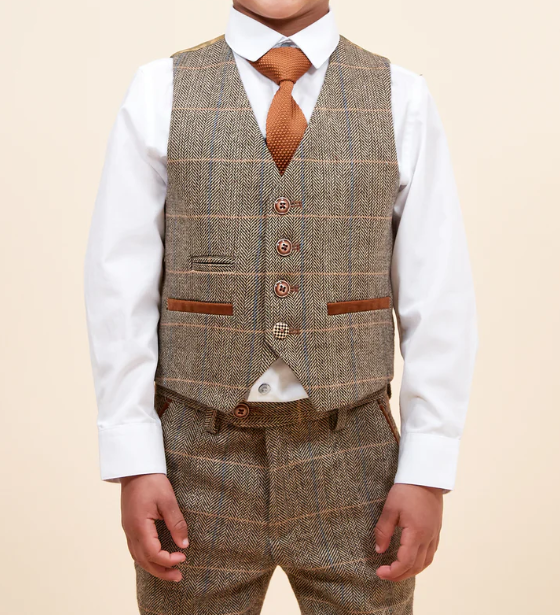 Marc Darcy- Childrens Ted Tan Check Tweed Three Piece Suit