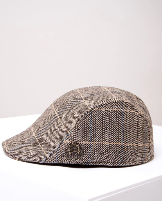 Marc Darcy- Ted Tan Tweed Check Flat Cap