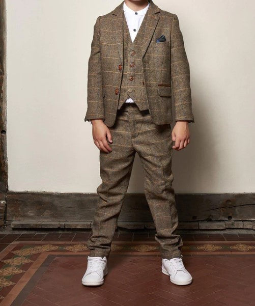 Marc Darcy- Childrens Ted Tan Check Tweed Three Piece Suit